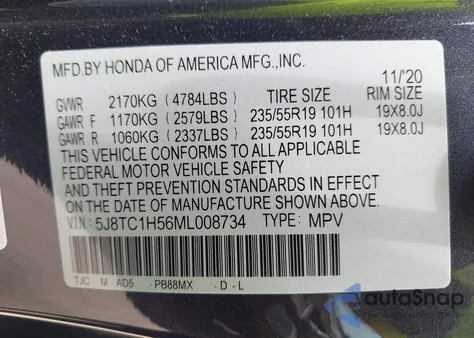 2021 Acura Rdx Technology Package z USA, uszkodzony, nr VIN 5J8TC1H56ML008734